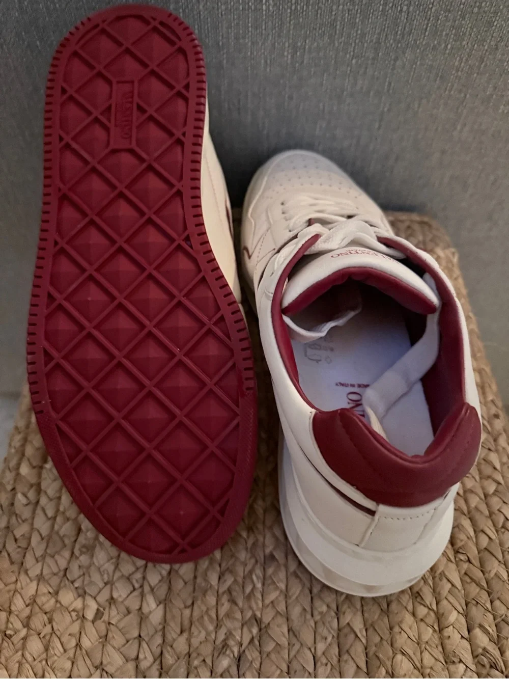 Valentino Garavani White One Stud Sneakers with Burgundy Accents